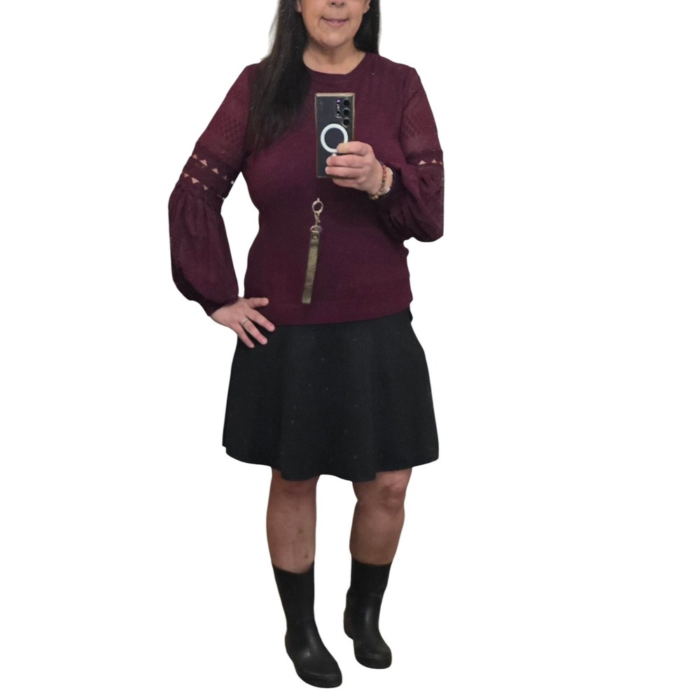 XL SIONI MILANO Womens Burgundy Long Sleeve Crew Neck Sweater Lace Detail sleeve